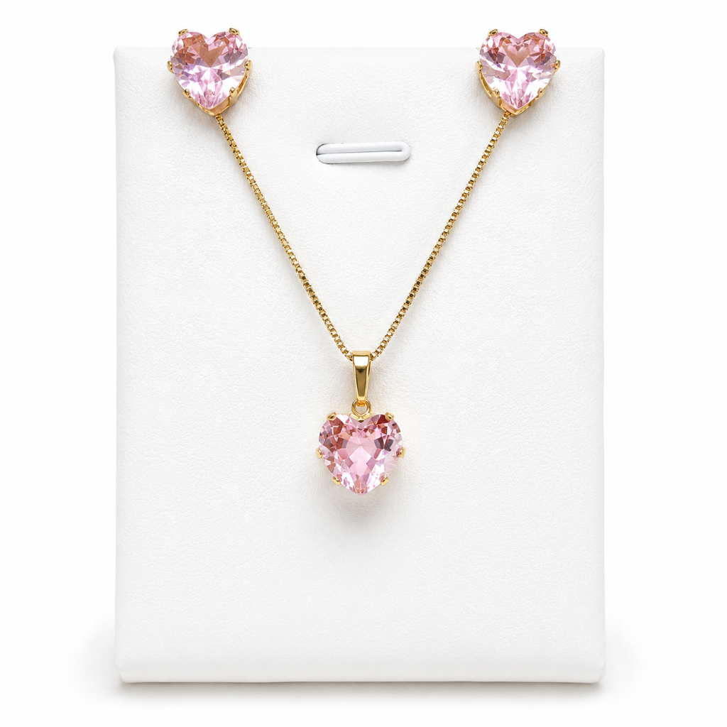 Colar e Brinco Coração Zircônia Rosa Banhado A Ouro 18k