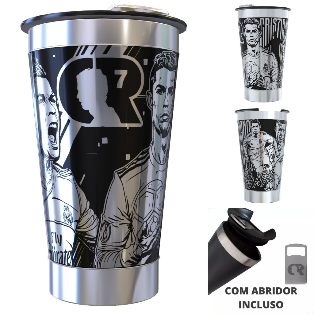 Copo Térmico Personalizado CR7 Cristiano Ronaldo Gravação a Laser 360° 473ml Com Nome | Presente