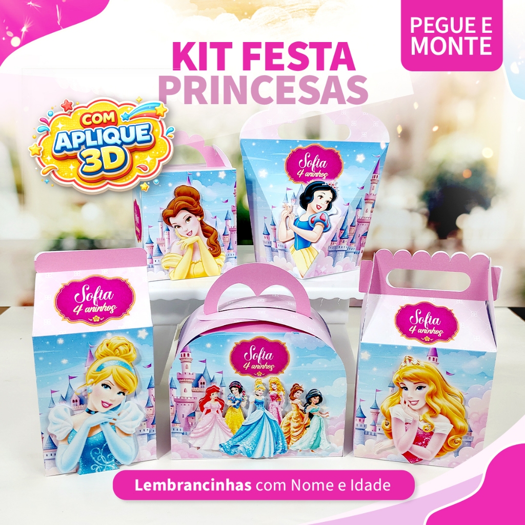 Kit Festa Princesas Pegue e Monte | Com aplique 3D | Personalizado Lembrancinhas Aniversário