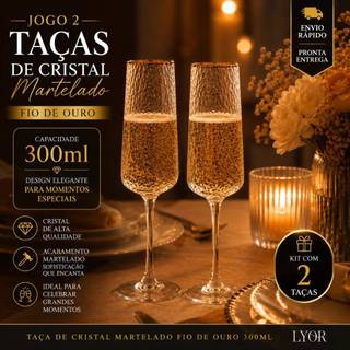 Jogo 2 Taças de Champanhe Cristal com Fio de Ouro 300ml Lyor Kit 2 Taças Elegantes e Sofisticadas