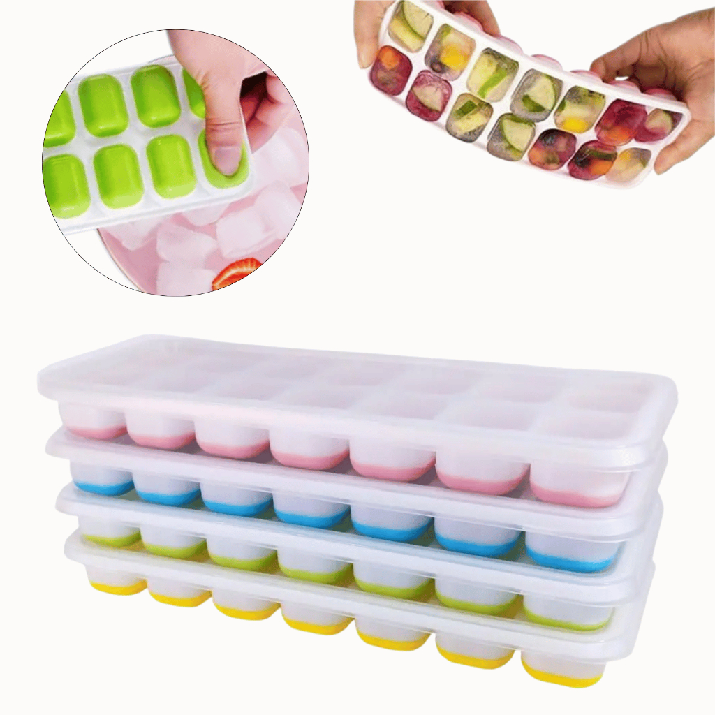 Kit 2 Formas de Gelo Tampa e Fundo Silicone Flexível 14 Cubos Retangular com Tampa Rígida