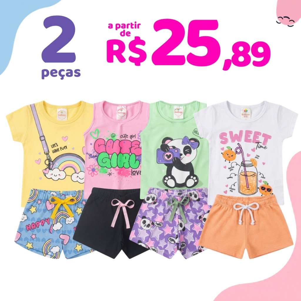 2 Peças Roupa Infantil Menina Verão 1 Conjunto Feminino Sortido 1 Camiseta + 1 Shorts Pronta Entrega