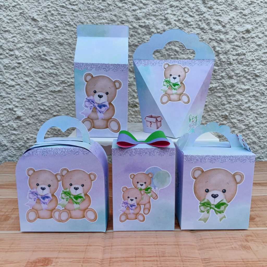 Kit Papelaria Caixas URSINHOS VERDE E LILÁS CHÁ REVELAÇÃO Lembrancinha Festa Personalizados - DESMONTADO