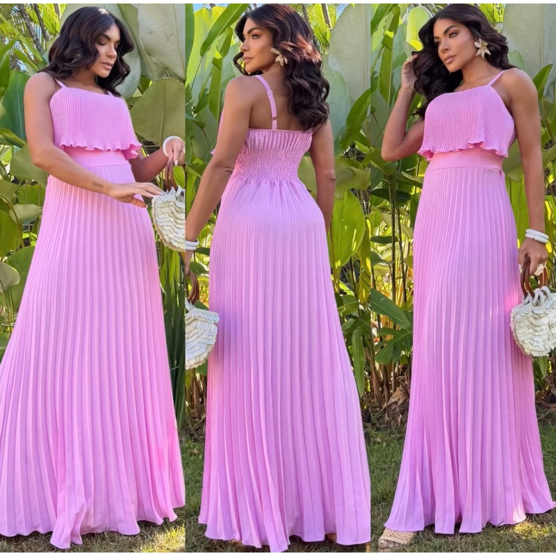 Vestido Longo Plissado Moda Blogueira Primavera Verão Tendência Chique