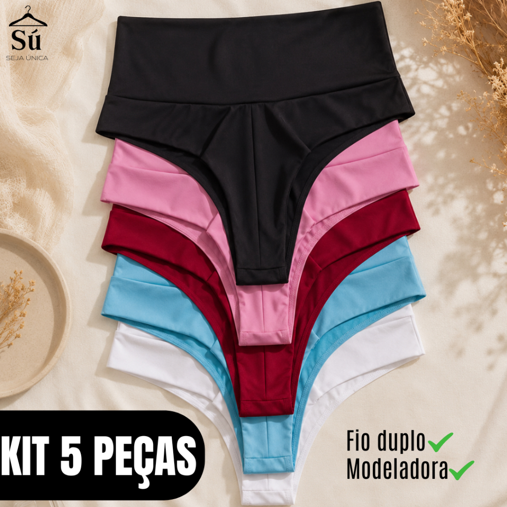 Kit 5 ou 2 Calcinhas Femininas Cintura Alta Cós Duplo Fio Duplo Segura Barriga Não Marca