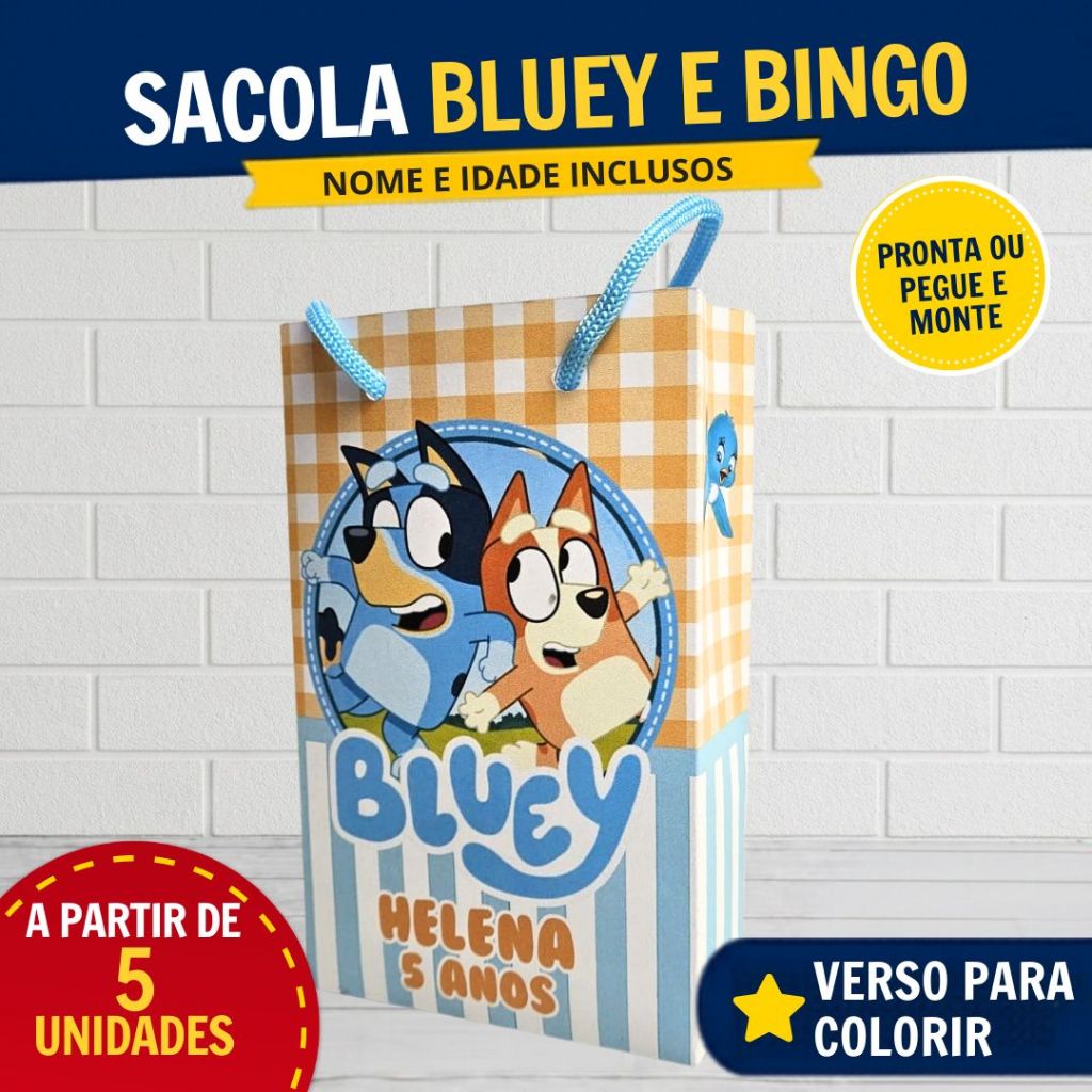 Kit Sacola Surpresa Bluey e Bingo Personalizada/Lembrancinhas Festa Infantil Aniversário/Sacolinhas