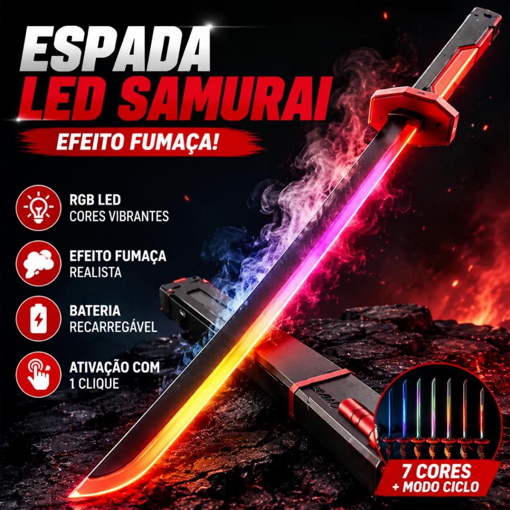 Katana Samurai 80cm LED RGB com Fumaça e Faísca Espada Sabre de Luz Iluminado Colecionável