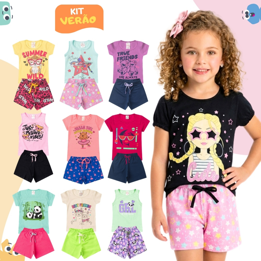 Kit 4 Peças Roupa Infantil Menina Verão Conjunto Criança Feminino Premium 2 Camisetas + 2 Shorts