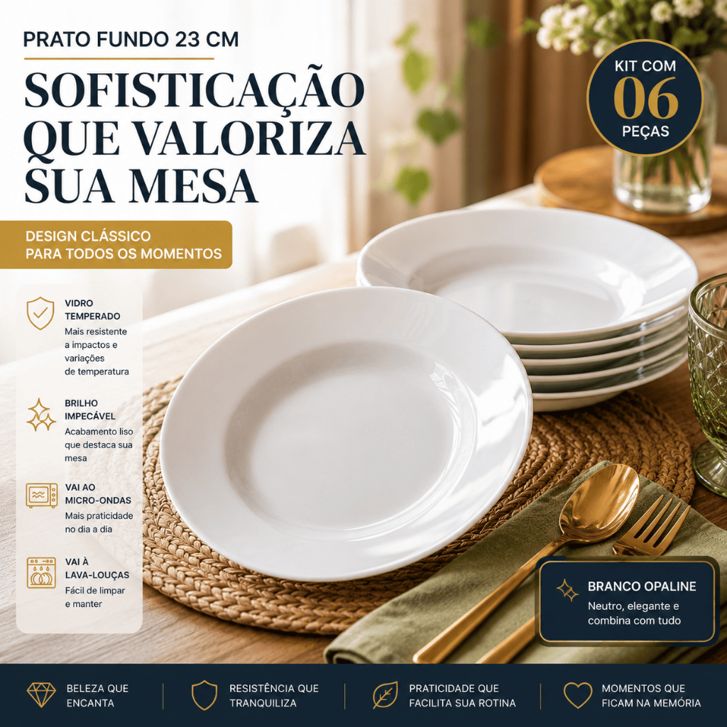 Jogo 6 Pratos Fundos 23cm Branco Opaline Vidro Temperado Micro-ondas Lava-Louças