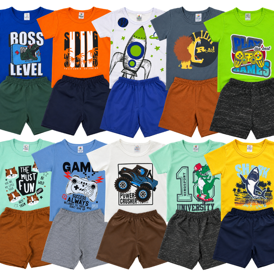 Kit 6 ou 10 peças Conjunto Verão Roupa Menino Infantil Camiseta + Shorts Sortidos Liso ou Estampado