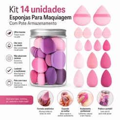 Kit 14 Esponjas de Maquiagem com Frasco Organizador para Base Pó Corretivo e Contorno