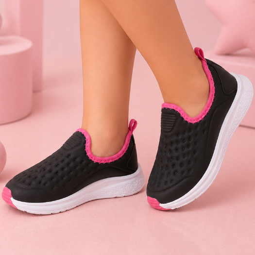Tênis Infantil Menina Escolar Calce Fácil Preto/Pink Confortável Elástico Moda