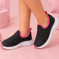 Tênis Infantil Menina Escolar Calce Fácil Preto/Pink Confortável Elástico Moda