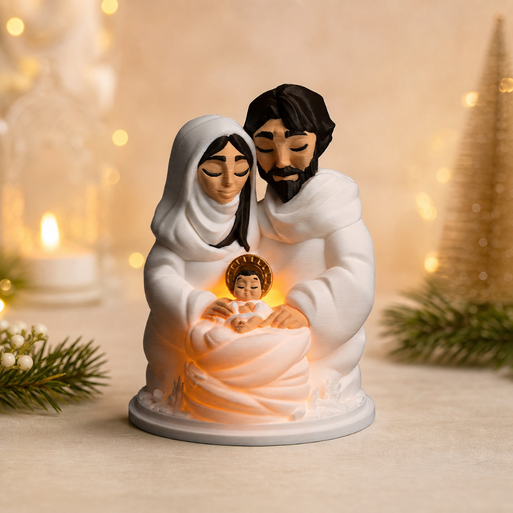 Sagrada Família com Luz LED 15cm Presépio 3D Decoração Religiosa Natalina Presente Católico para Casa e Família e Oração