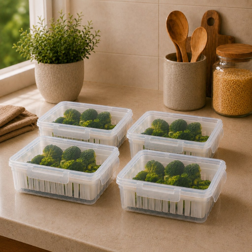Kit Organizador Geladeira 4 Potes e 4 Cestos Escorredor Multiuso para Legumes Verduras Frutas