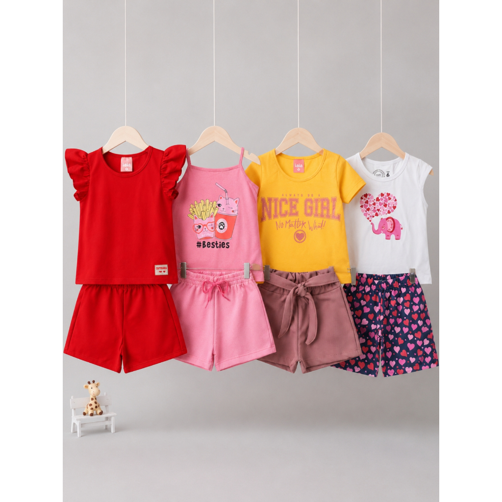 Kit 6 Peças 3 Conjuntos Infantis Sortidos Menina Verão Bebê em Algodão Confortável 3 Camisetas 3 Shorts Roupa 1 ao 12