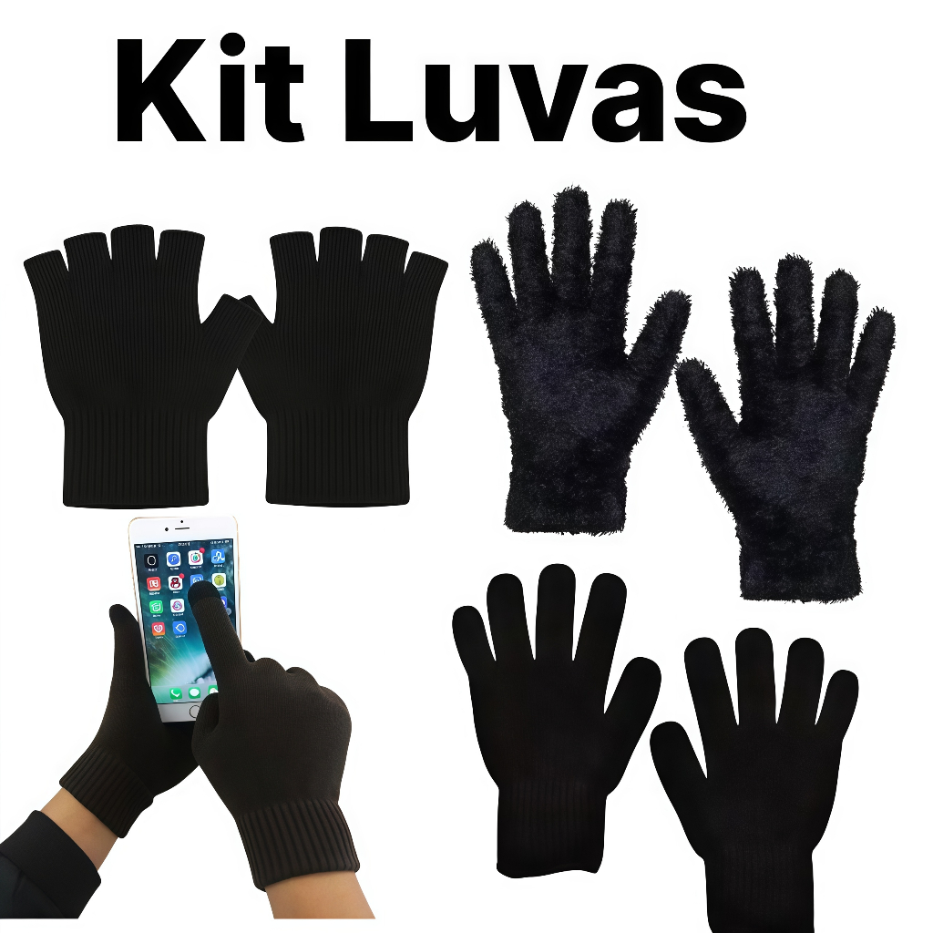 Kit 1 - 3 pares luvas de meio dedo de lã touch screen Unissex Masculino e feminino para inverno frio