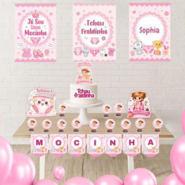 Kit Festa Tchau Fraldinha Personalizado - Bandeirola com a palavra "MOCINHA" / Kit Só um Bolinho Desfralde