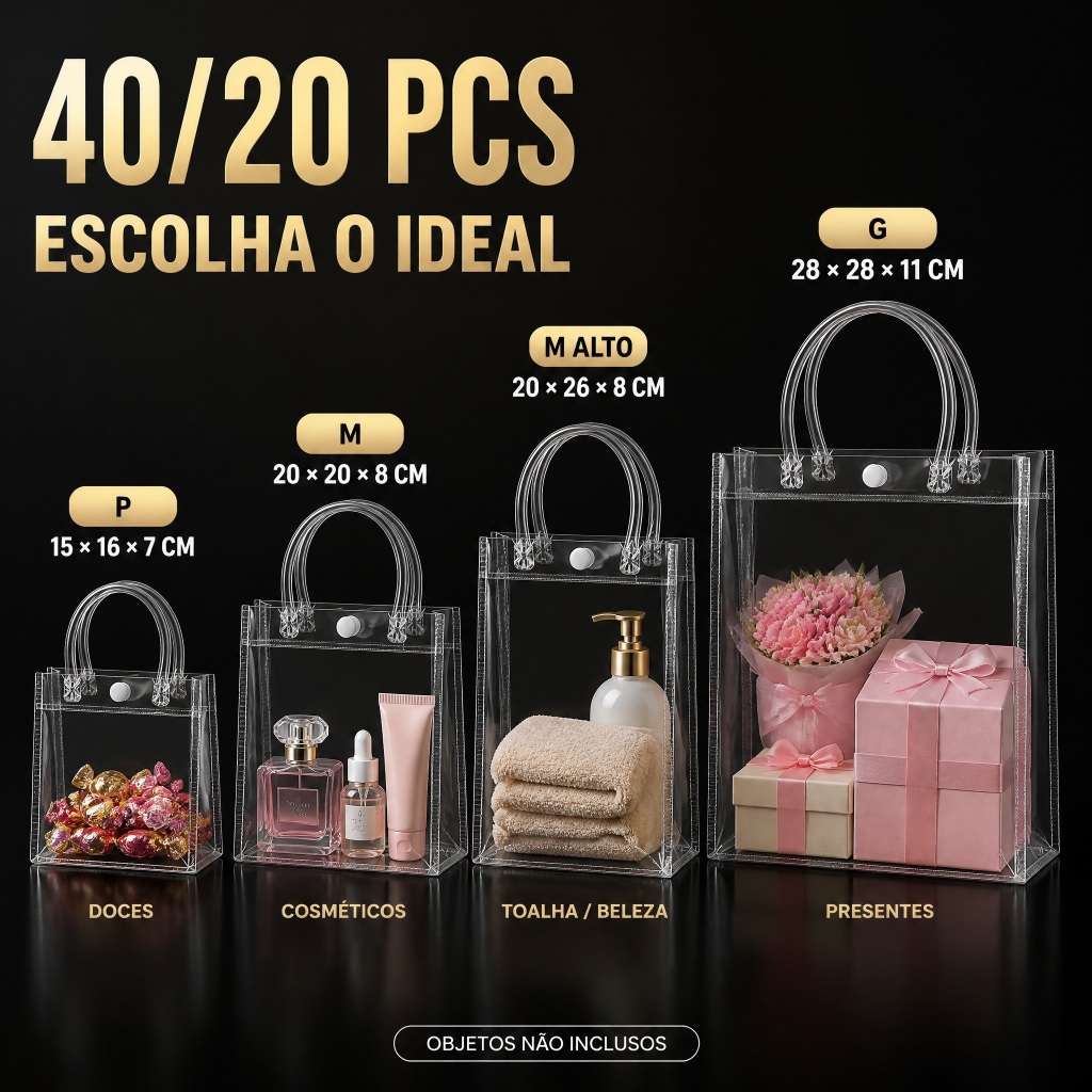 40/20 Sacola de Presente  grande Transparente em PVC com Alça para Casamento Aniversário Eventos