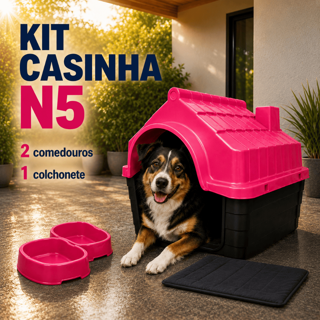 Kit Casa para Cachorro N5 – Casinha Plástica + Colchonete + Comedouros | Pronta Entrega