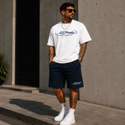 kit Short Tectel Elastano Masculino Estampado Ed Hardy e Blusa 100% Algodão Tradicional