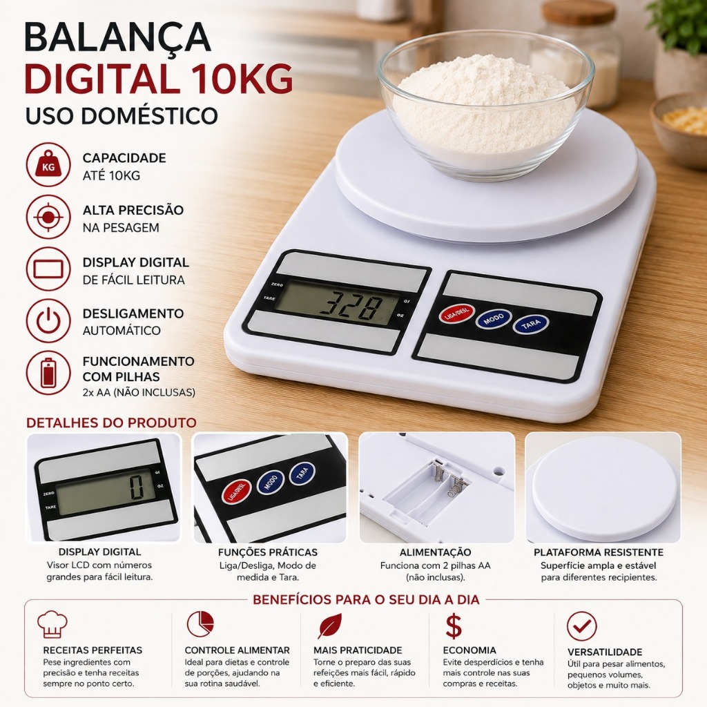 Balança Digital Cozinha 10kg Alta Precisão LCD Eletrônica Culinária Dieta Alimentos Fitness
