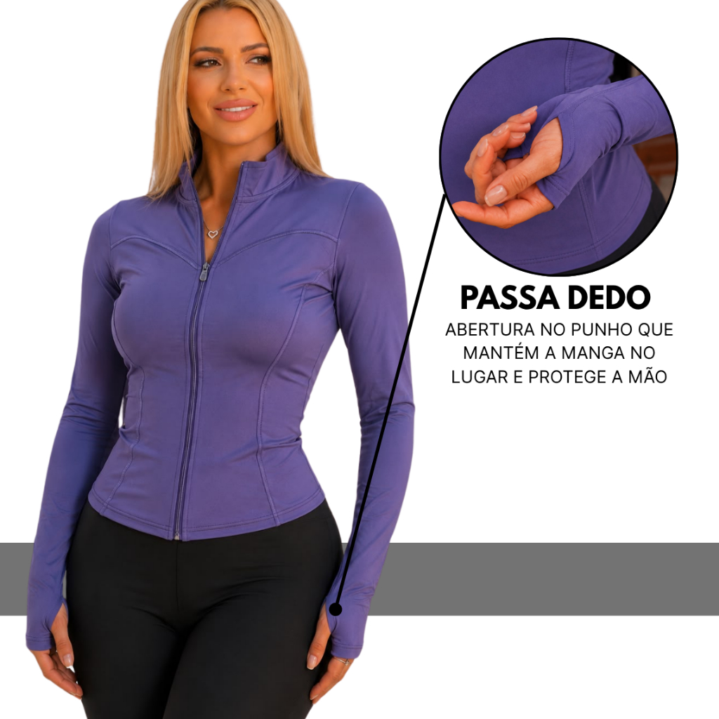 Jaqueta Feminina Pilates Fitness Acinturada Manga Longa com Ziper Passa Dedo Academia Corrida Esportiva Yoga — imagem 2 de 2