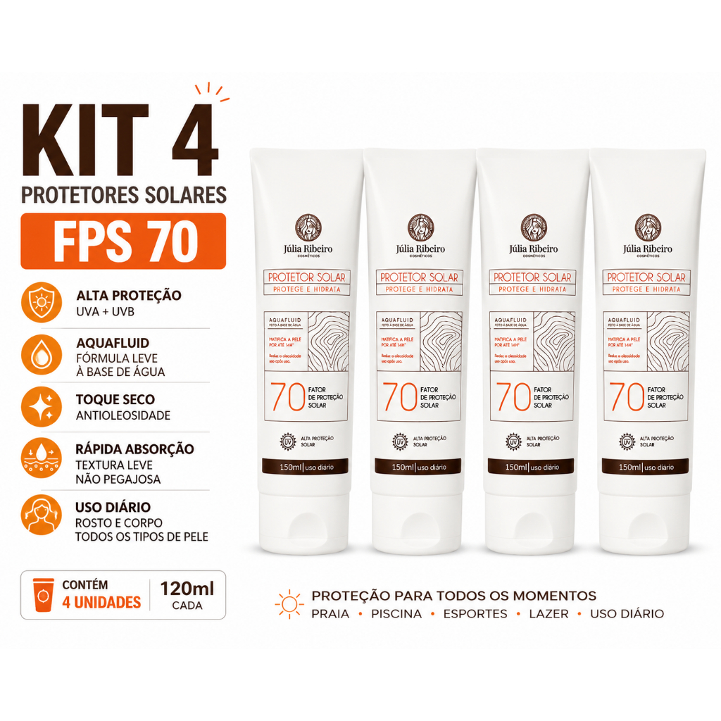 KIT COM 4 PROTETOR SOLAR 150ML FATOR 70, ANTIOLEOSIDADE, RÁPIDA ABSORÇÃO, ROSTO E CORPO