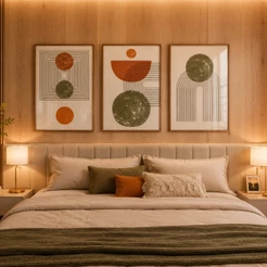 Quadro Decorativo Geométrico Boho Abstrato Moderno 3 Telas Com Moldura Sala Quarto Escritório