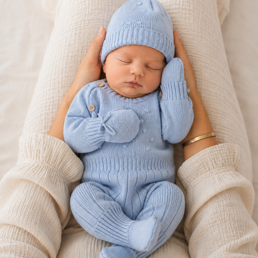 Kit Saída Maternidade 3 Peças Luxo Tricô Menino Menina Recém Nascido Macacão Luva Touca Tricot