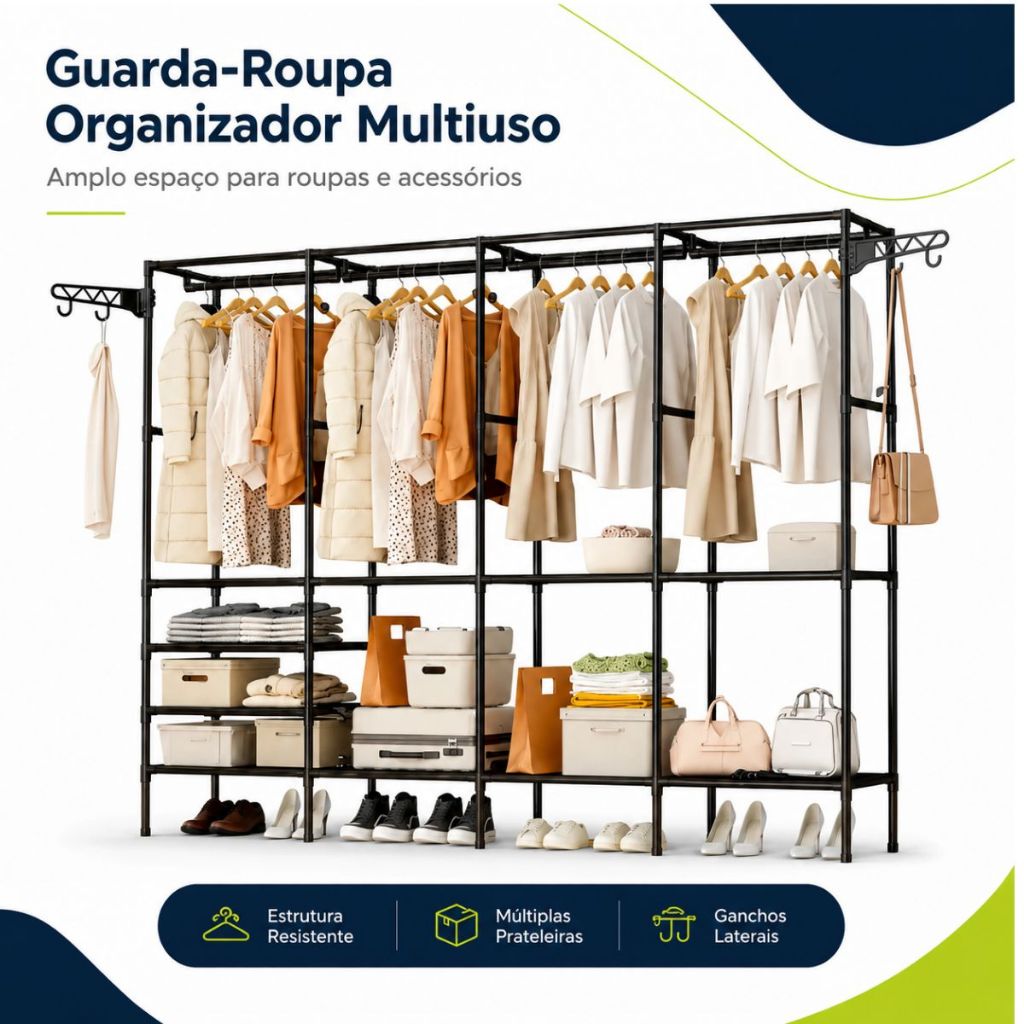 Guarda Roupa Portátil Arara Cabideiro 4 Módulos Organizador Multiuso Closet Desmontável Roupeiro Aço Reforçado Sapateira