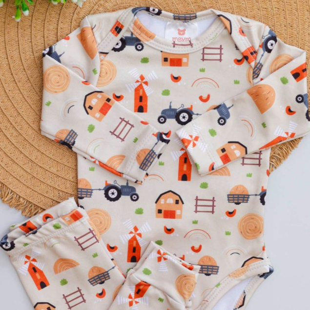 Conjunto Térmico Bebê Quentinho Menino Menina Inverno Body e Calça Infantil com Estampa de Trator