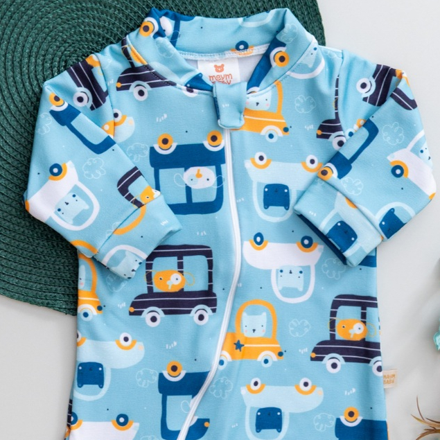 Macacão Bebê Térmico Infantil Quentinho Menino Inverno com Estampa de Carrinho Azul