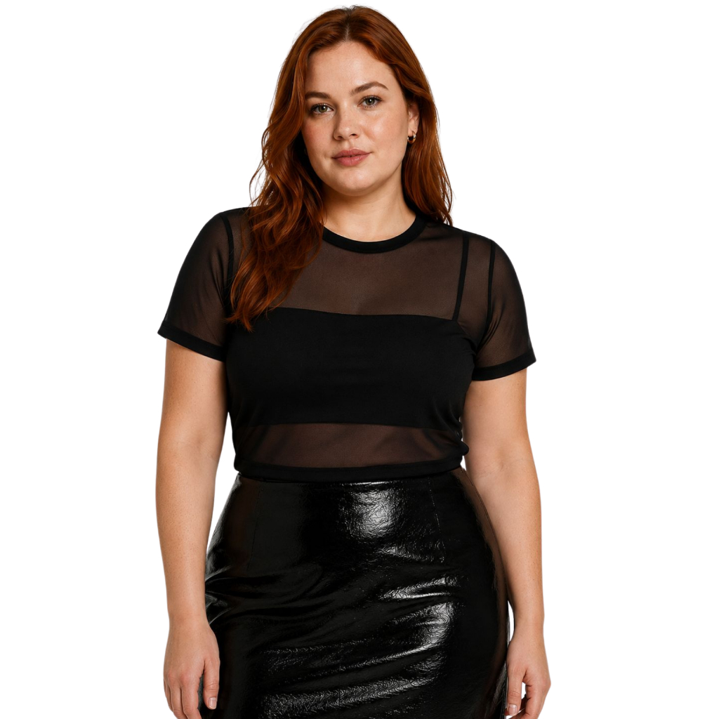 T-Shirt Plus Size Camisa Transparênte Manga Curta Tendência