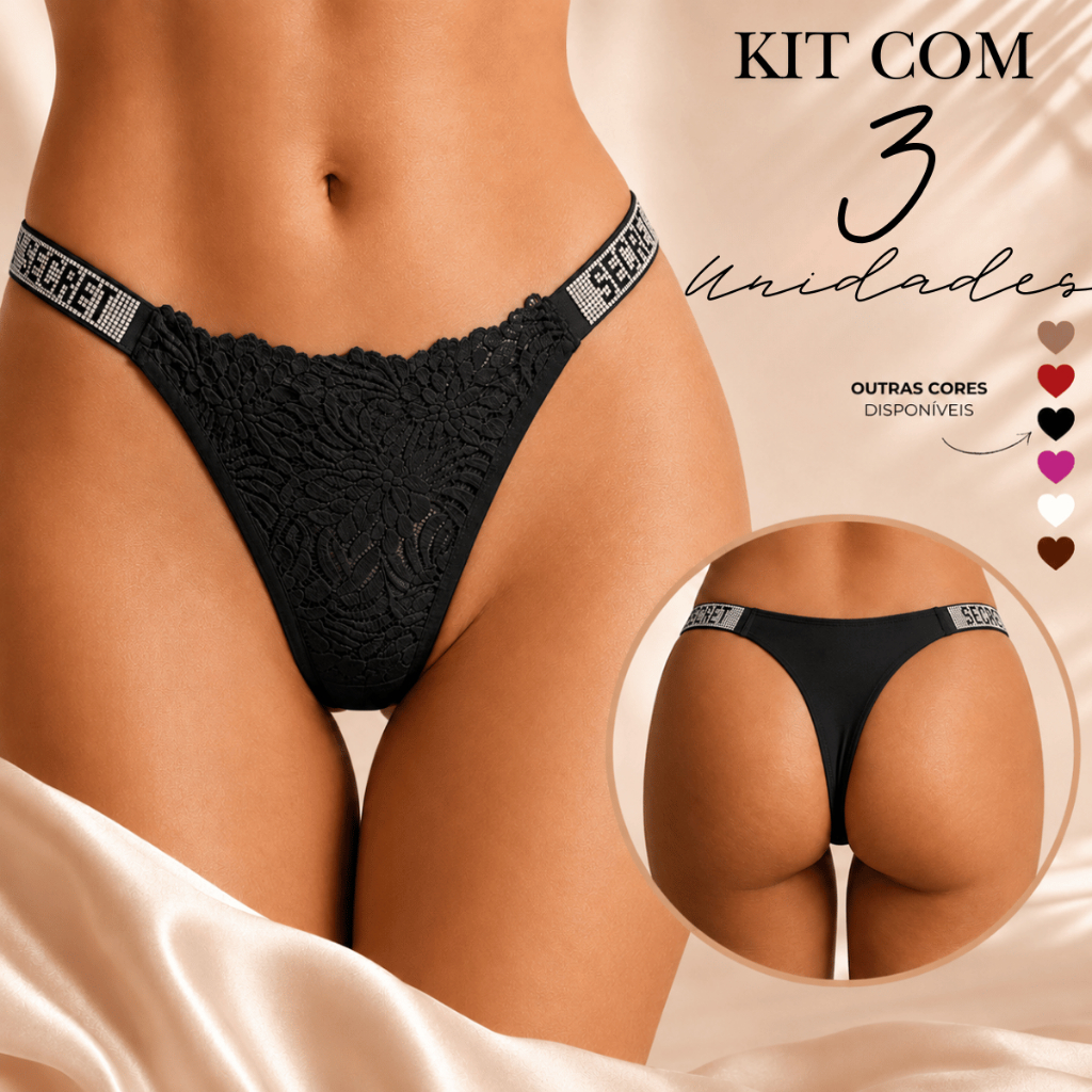 Kit 3 Calcinhas Fio Dental Renda Feminina Sexy com Strass Lingerie Confortável Premium