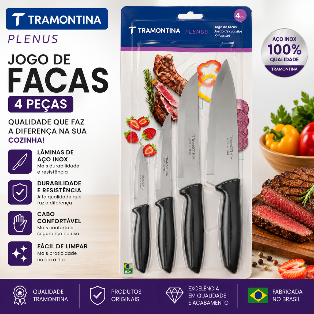 Jogo Facas Tramontina Kit Conjunto Faca Cozinha Churrasco 4p Preto