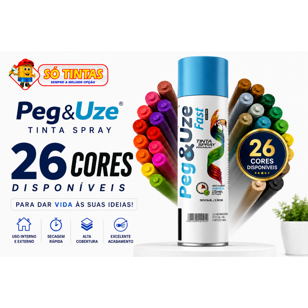 Tinta Spray Para Metal Madeira Plástico 300ml Uso Geral Secagem Rápida Alta Cobertura Peg e Uze