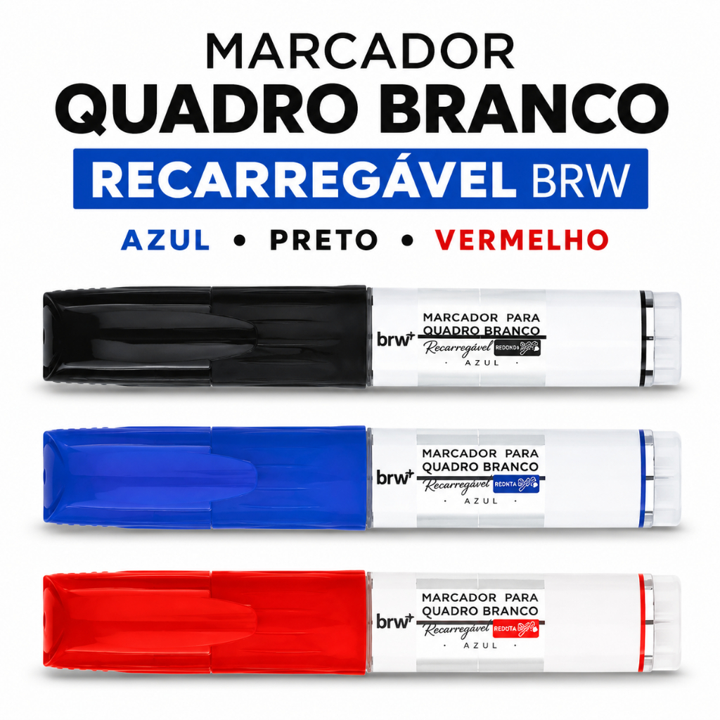Kit 2 Pincel Marcador Quadro Branco BRW Recarregável Cartucho Refil Ponta Redonda 2mm