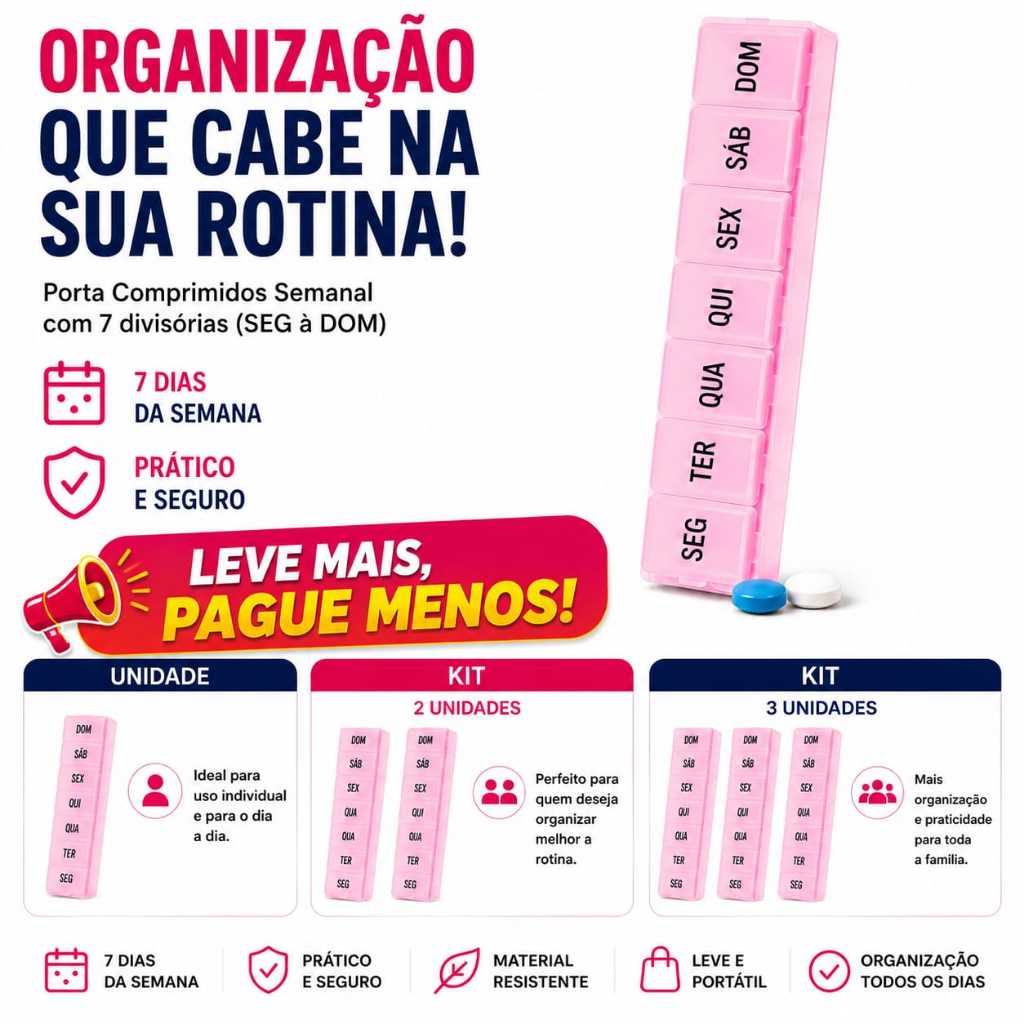 Porta Comprimidos Organizador Semanal 1 Unidade, Kit 2 ou 3 com 7 Divisorias Remedios Medicamentos Cuidados com Saúde
