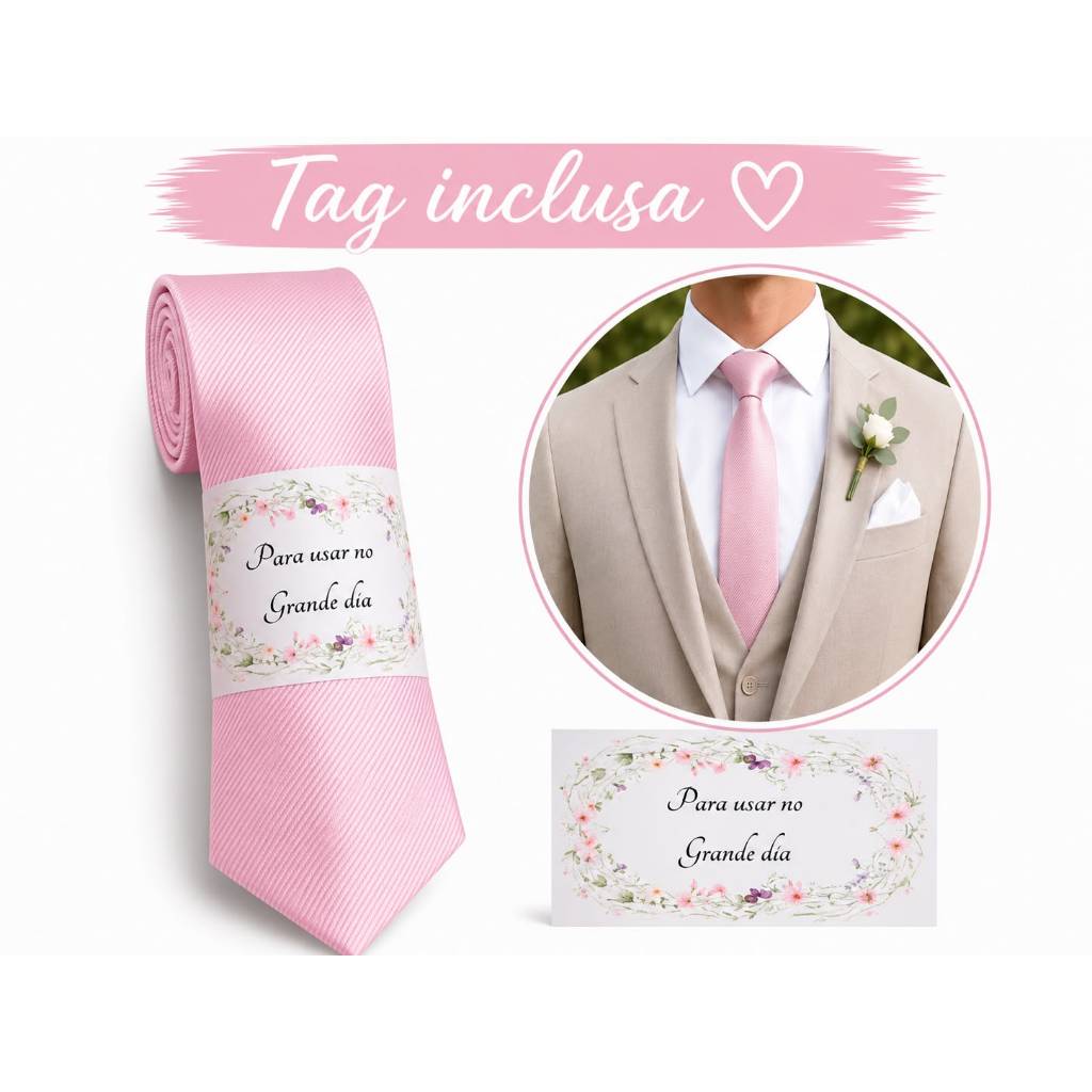 Kit 4 a 17 unidades Gravata Rosa Claro para Padrinhos de Casamento Tag PD