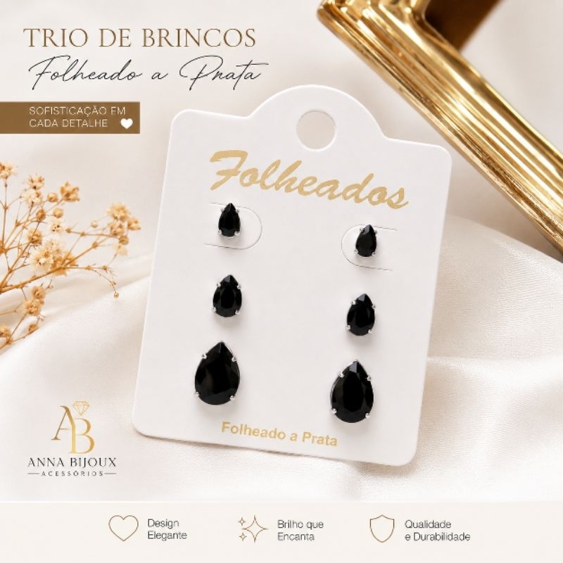 Trio de Brincos Folheado a Prata Cristal Preto
