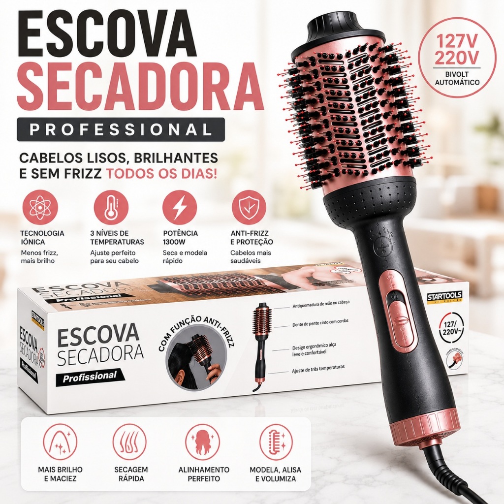 Escova Secadora Profissional Bivolt 1300W Anti Frizz 3 Temperaturas Tecnologia Iônica