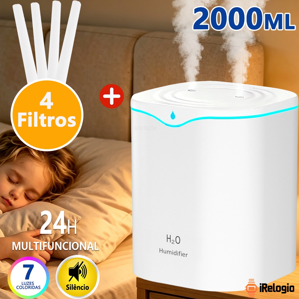 Umidificador De Ar Aromatizador Grande 2L De Ambiente Ultrassonico Purificador Led Difusor Eletrico