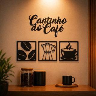 Kit Cantinho do Café - 4 Peças Quadro Letreiro + 3 Plaquinhas Decorativas Para Seu Ambiente Ainda Mais Acolhedor