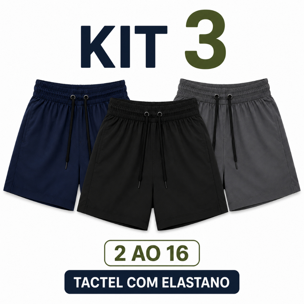 Kit 3 Bermudas Tactel Premium Infantil Masculino Elastano Tam 2 ao 16