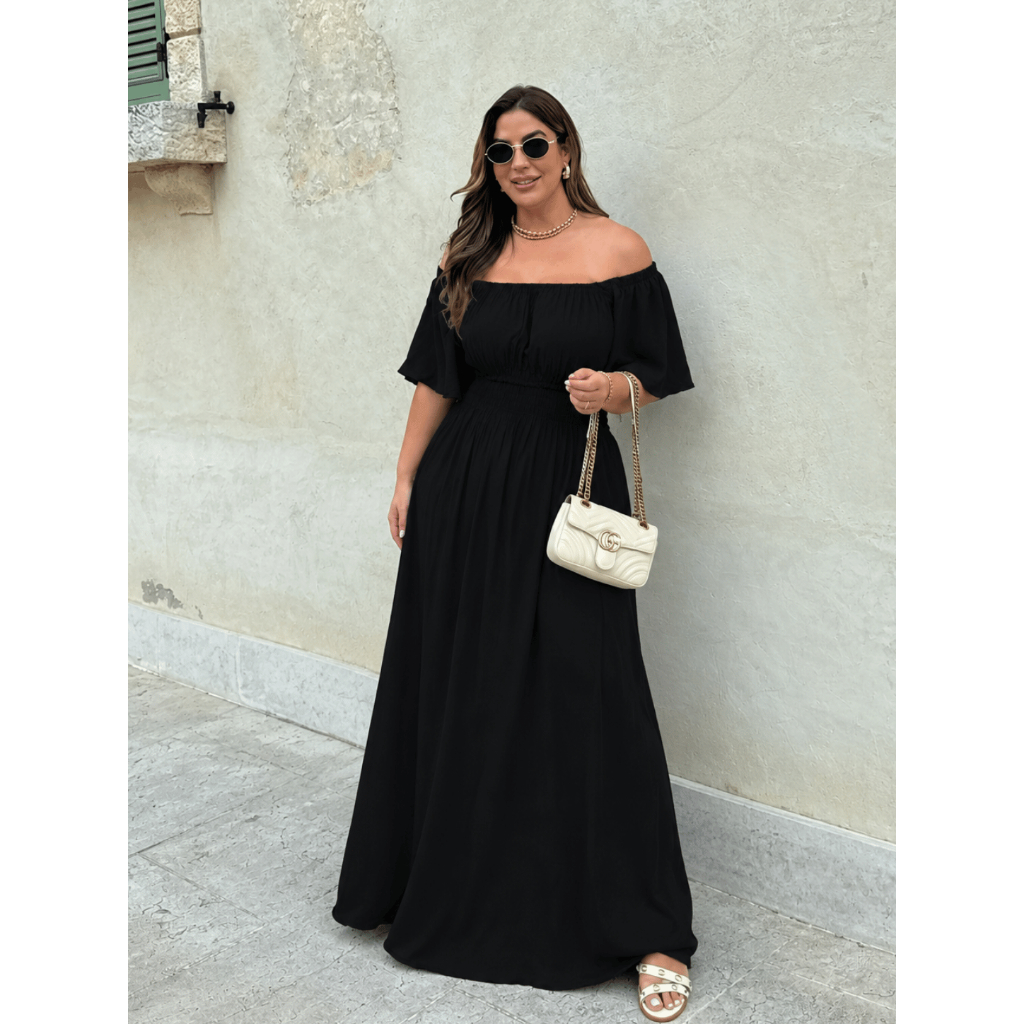 Vestido Feminino Longo Plus Size Valoriza Cintura Elegante Ombro a Ombro Confortável Estiloso Soltinho Atemporal Casual