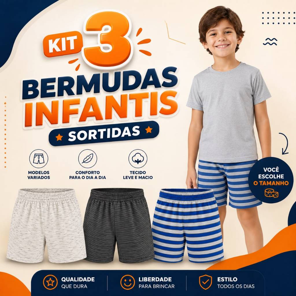 Kit 3 Bermudas Moletinho Infantil Menino Cores Sortidas Tamanho 2 ao 10 Conforto Verão