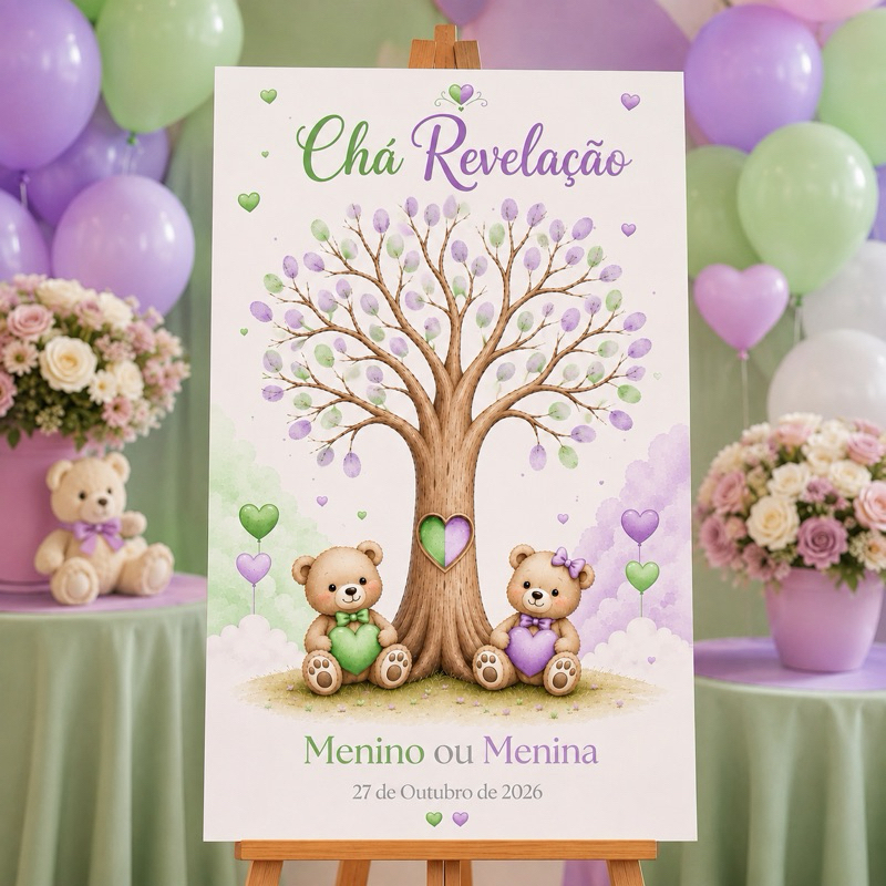 Quadro Pra Chá Revelação Personalizado Árvore De Digitais De Ursinhos Boy ou Girl/Menino Ou Menina Todas Cores
