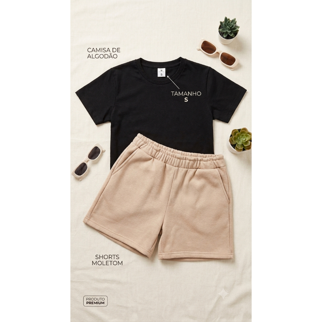Conjunto Infantil Verão Camiseta 100% Algodão E Short Moletom Básico Confortável Tamanho do 4 ao 12