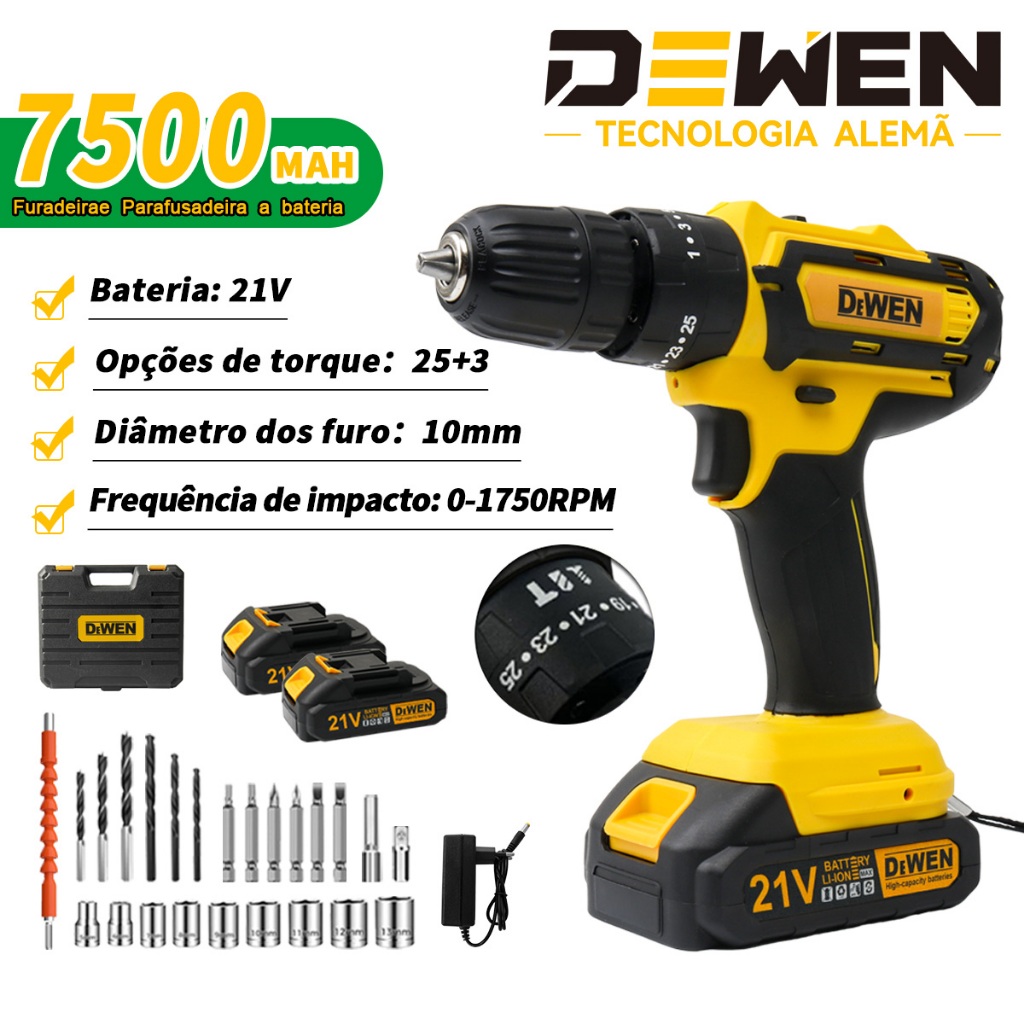 Parafusadeira Furadeira de Impacto Sem Fio Recarregáveis 2 Baterias Com Maleta e 28psc【127V/220V】